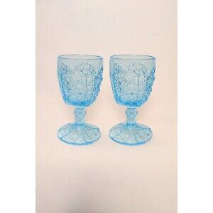 L.G. Wright Daisy & Button Blue Water Goblets Lot of 2 Vintage Pressed Glass